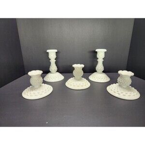 Fenton Hobnail Milk Glass Candle Stick Holders Lot Of 5 Two 6" Two 3" One 3 3/8"